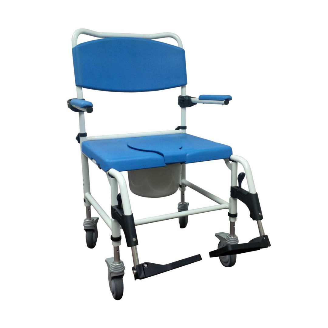 The Drive Bariatric Aluminum Rehab Shower Commode Chair is a blue and white rolling chair with armrests, backrest, footrests, and a removable seat cover. Ideal for mobility and personal care as a versatile shower chair or bedside commode.